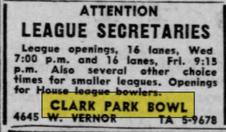 Clark Park Bowl - Sep 2 1957 Ad